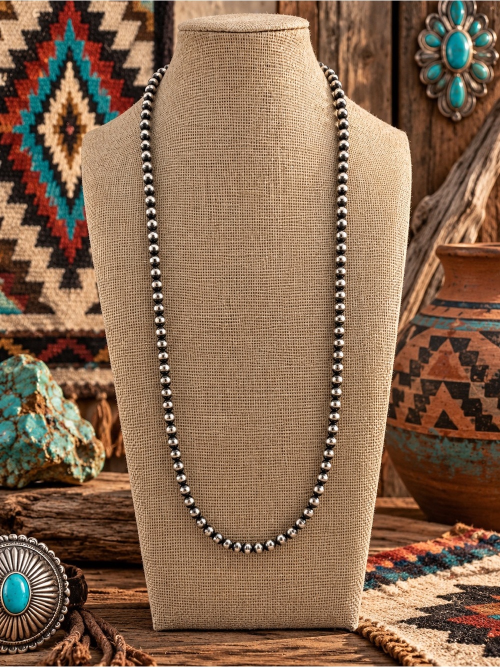 Navajo Sterling Machine 6mm Pearl Necklace - 28”